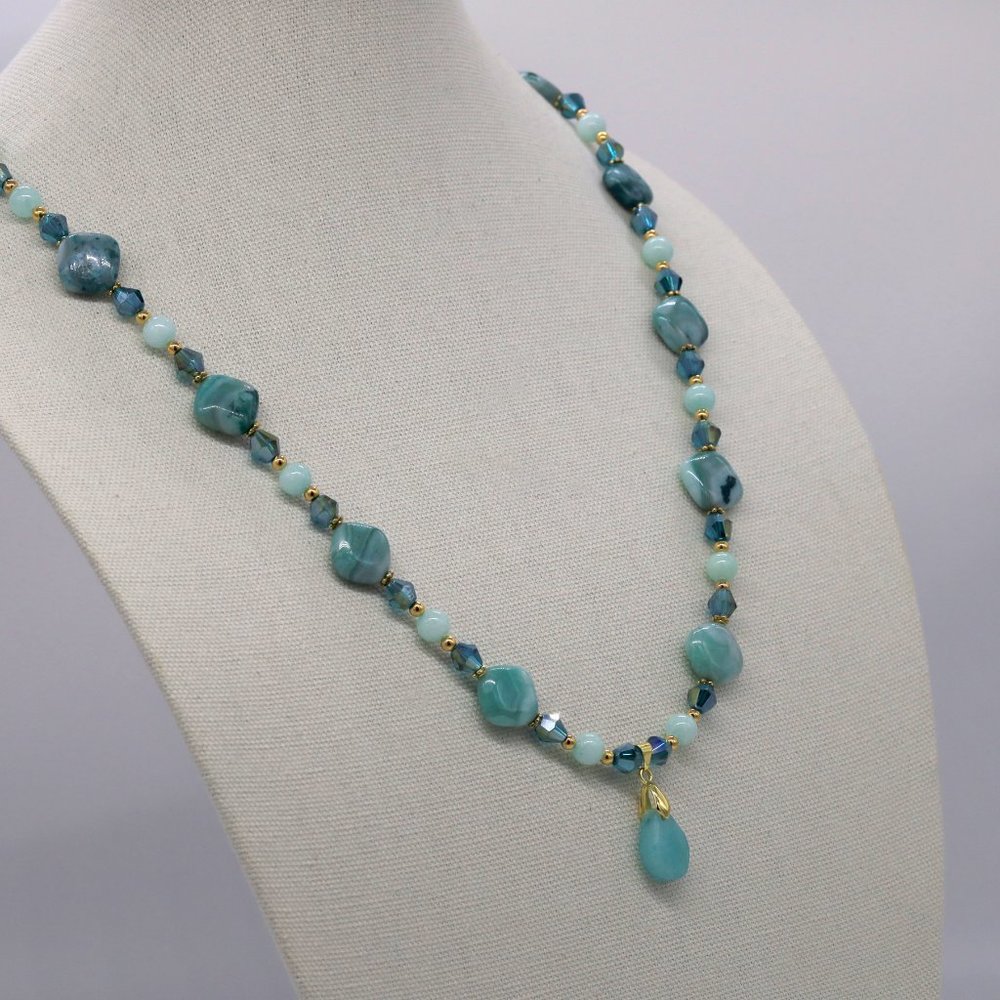 Aqua green Jasmin theme necklace with large silver lobster class. - Picture 2 of 5